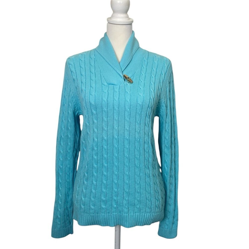 Vintage Lauren Ralph Lauren Cable Knit Sweater Shawl Collar Blue NWT Size L